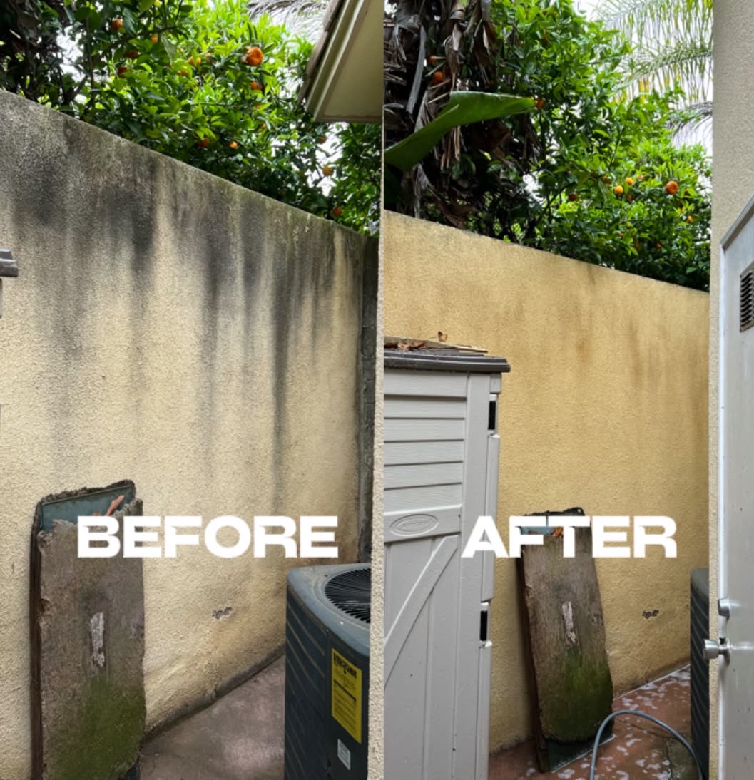 Stucco wall pressure washed clean, before and after