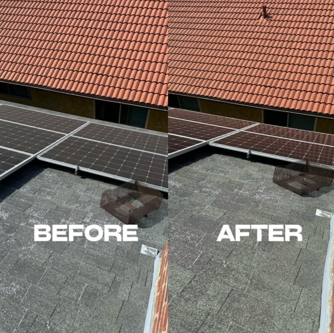 Rooftop solar panels before and after a cleaning