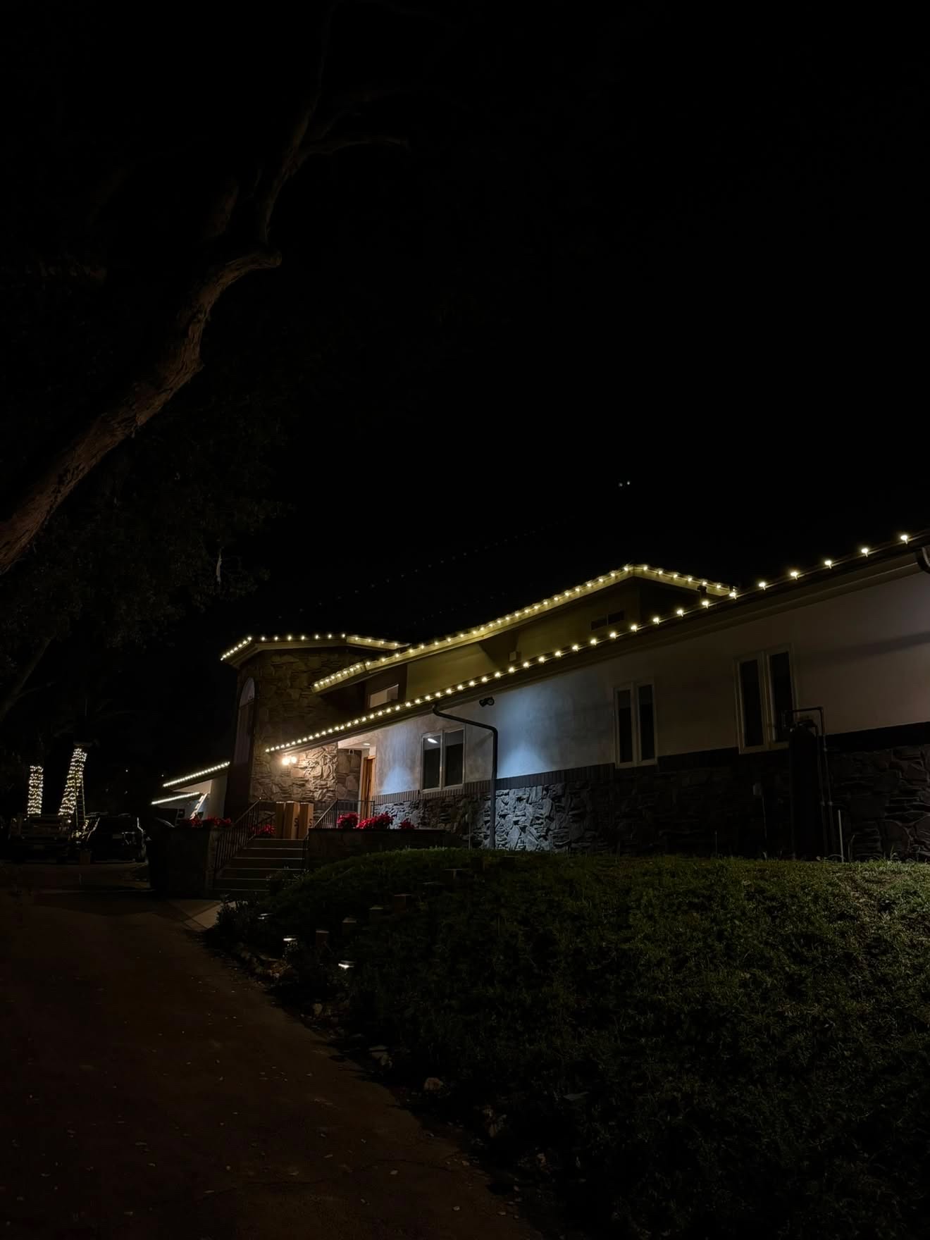Hillside home with roofline lights and lighted trees
