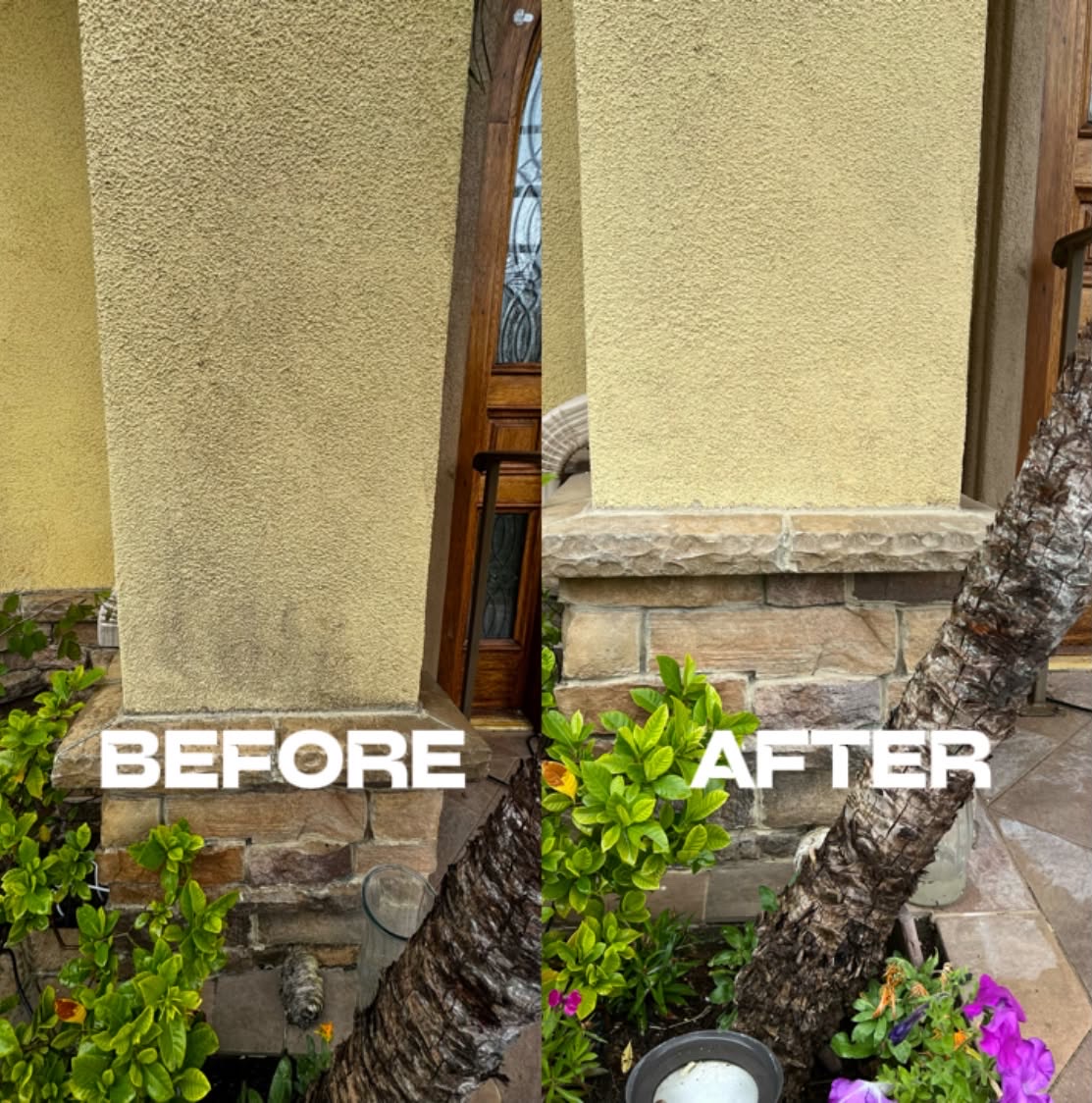 Stucco entry wall pressure washed clean, before and after