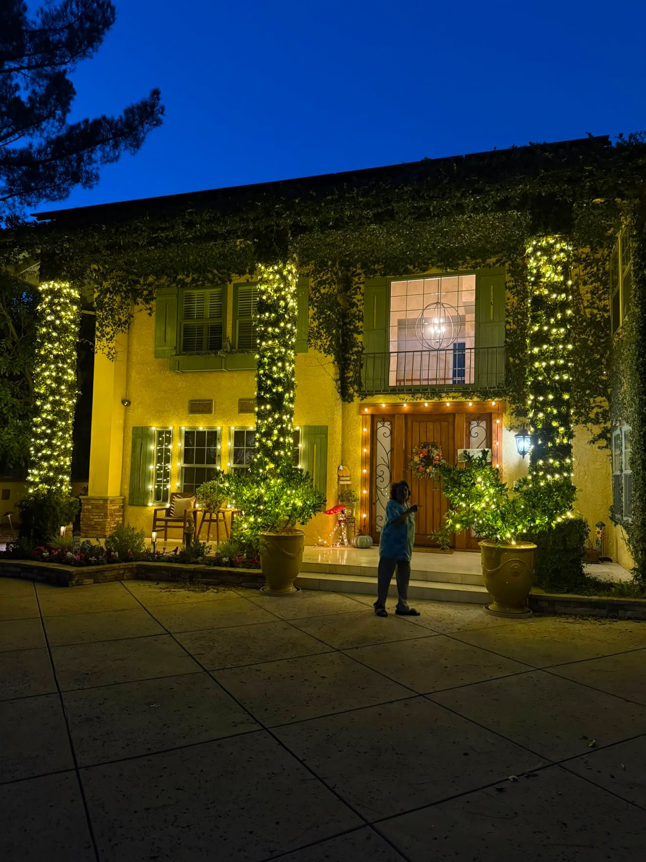 Ivy-covered home with column wraps and warm string lights