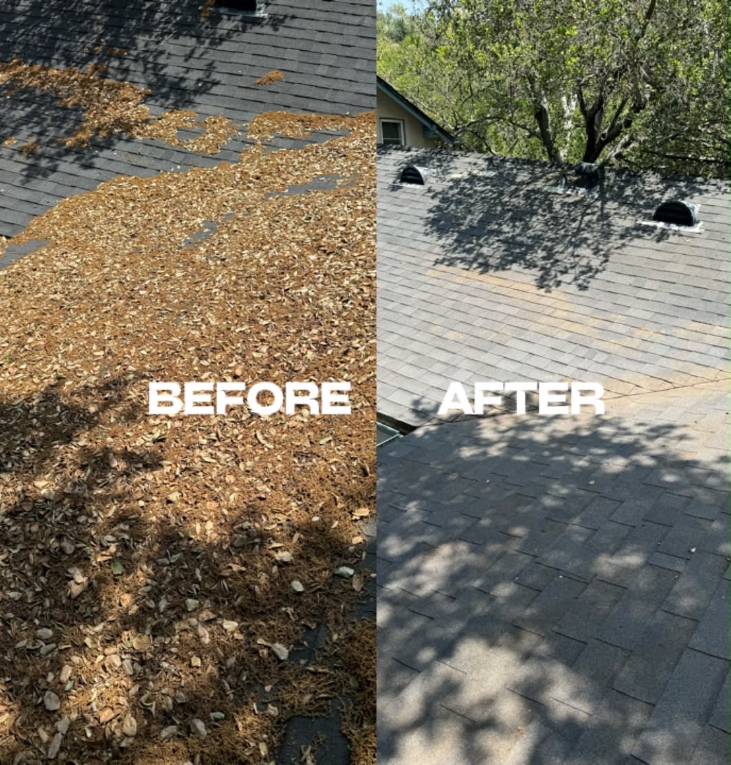 Leaf-covered roof valley cleared, before and after