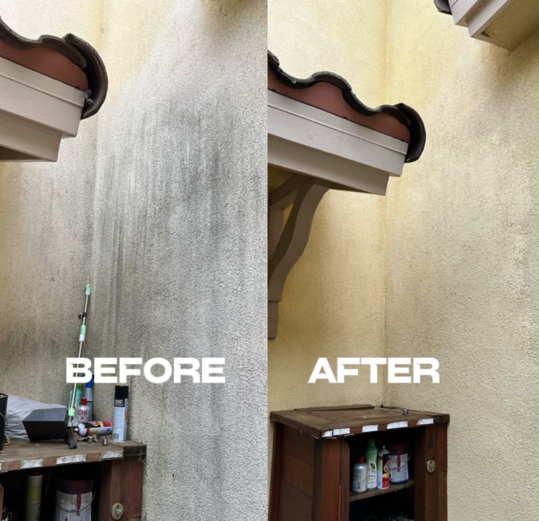Stucco column pressure washed clean, before and after