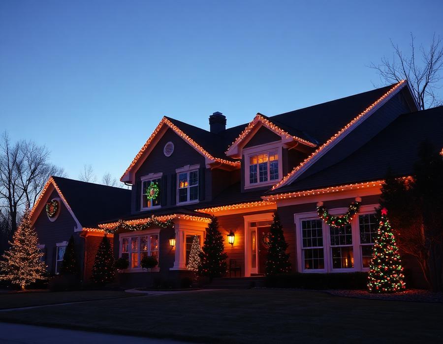 Home with professional Christmas light installation at dusk