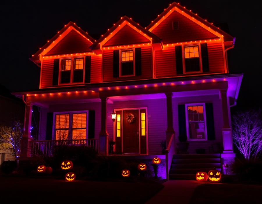 Home lit with orange and purple Halloween lighting